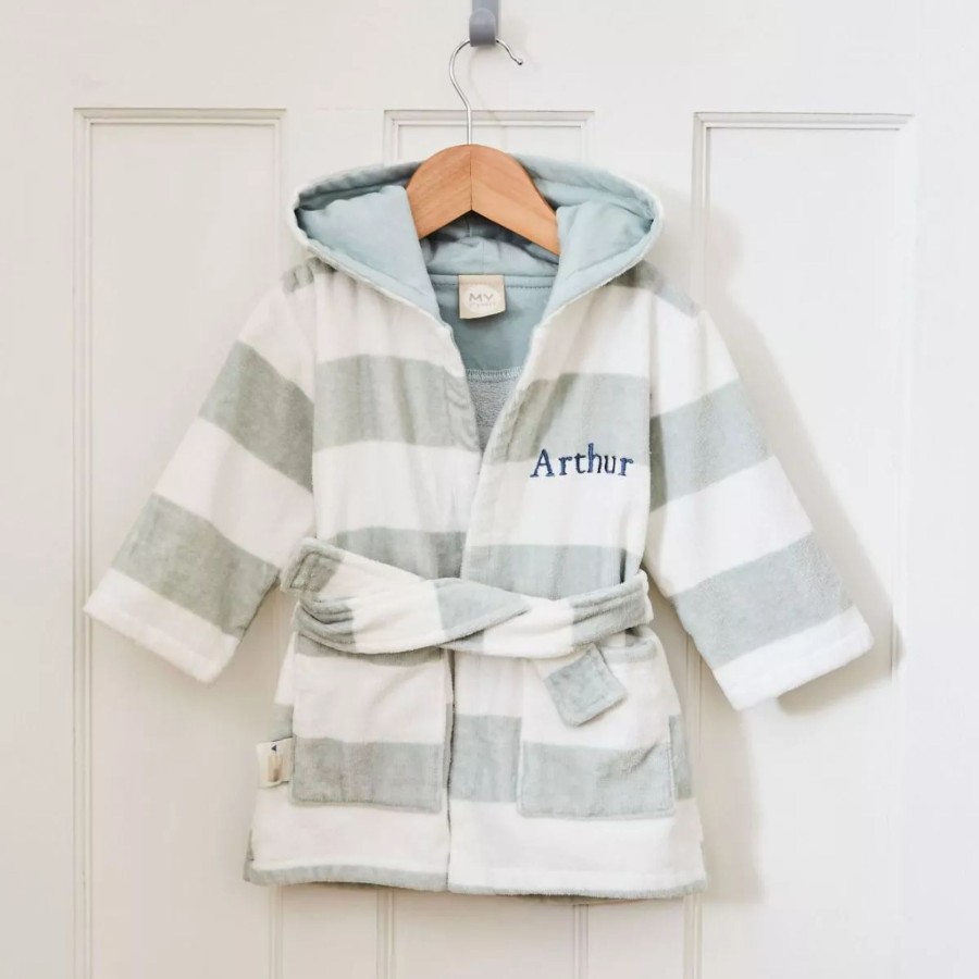 Kids (2-7Yrs) My 1st Years Kids Towels | Personalised Green Striped Hooded Towelling Robe