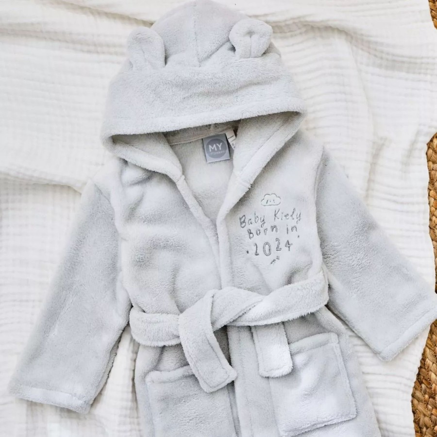 Kids (2-7Yrs) My 1st Years Kids Dressing Gowns | Personalised Born In 2024 Grey Fleece Robe With Ears