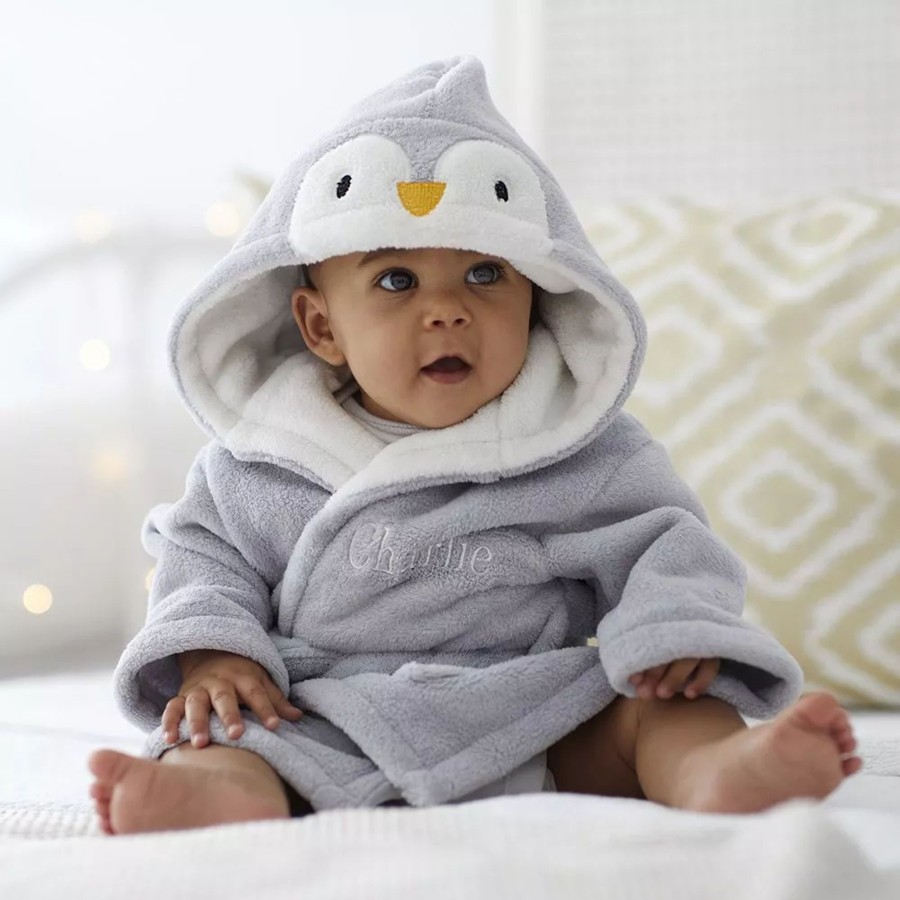 Kids (2-7Yrs) My 1st Years Kids Dressing Gowns | Personalised Grey Penguin Fleece Robe