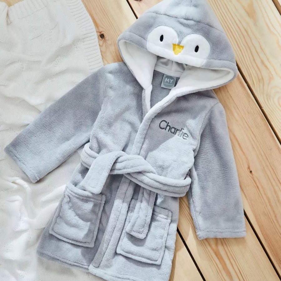 Kids (2-7Yrs) My 1st Years Kids Dressing Gowns | Personalised Grey Penguin Fleece Robe