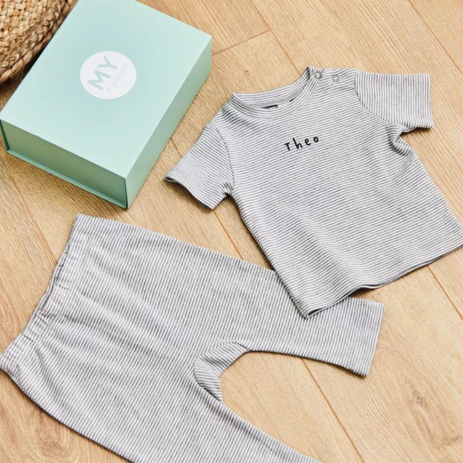 Baby (0-24 Mos) My 1st Years All Baby Clothing | Personalised Childrens Grey Striped T-Shirt And Legging Set