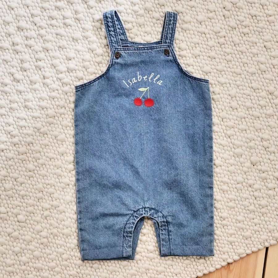 Kids (2-7Yrs) My 1st Years Kids Outfits | Personalised Cherry Short-Legged Denim Dungarees