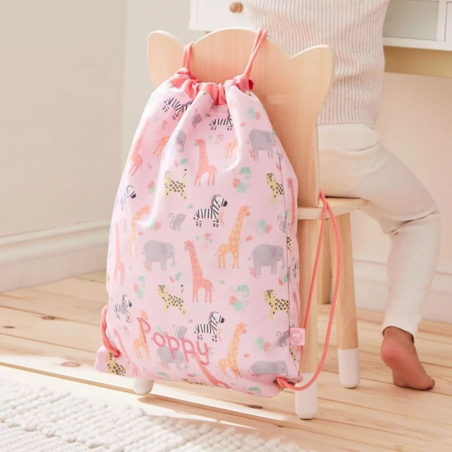 Kids (2-7Yrs) My 1st Years Kids Backpacks | Personalised Pink Safari Print Drawstring Bag