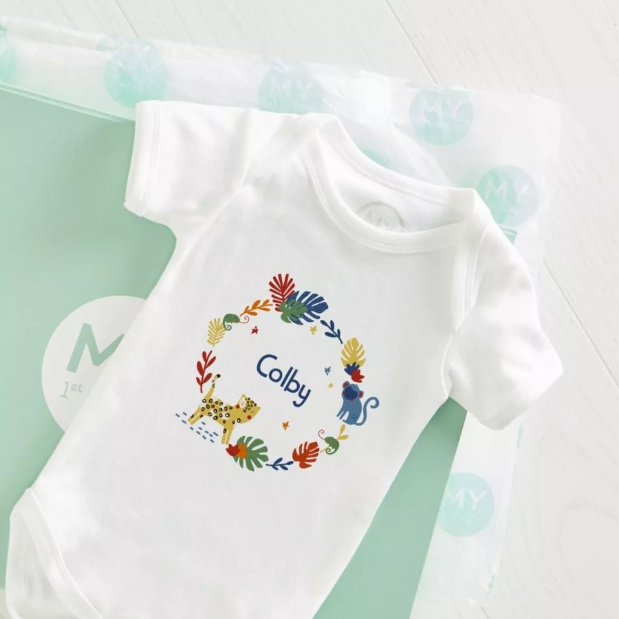 Baby (0-24 Mos) My 1st Years All Baby Clothing | Personalised White Safari Animals Wreath Bodysuit