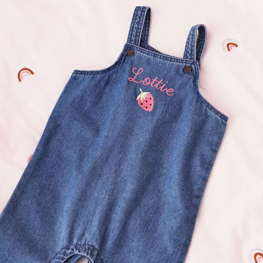 Kids (2-7Yrs) My 1st Years Kids Outfits | Personalised Strawberry Denim Dungarees