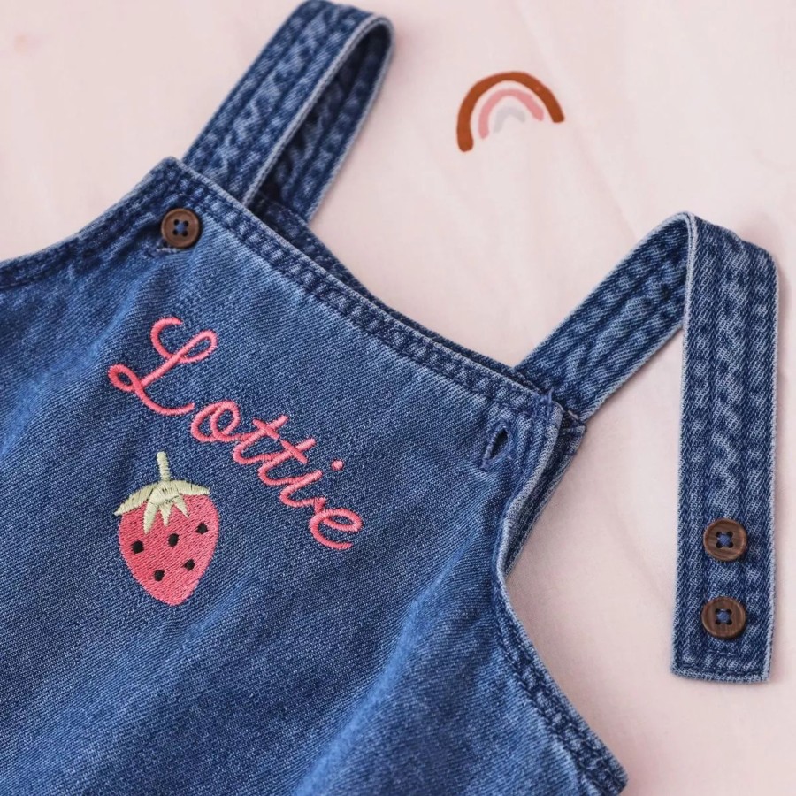 Kids (2-7Yrs) My 1st Years Kids Outfits | Personalised Strawberry Denim Dungarees