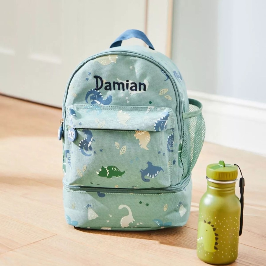 Kids (2-7Yrs) My 1st Years Kids Lunchbags | Personalised Green Dinosaur Print Mini Backpack With Compartment