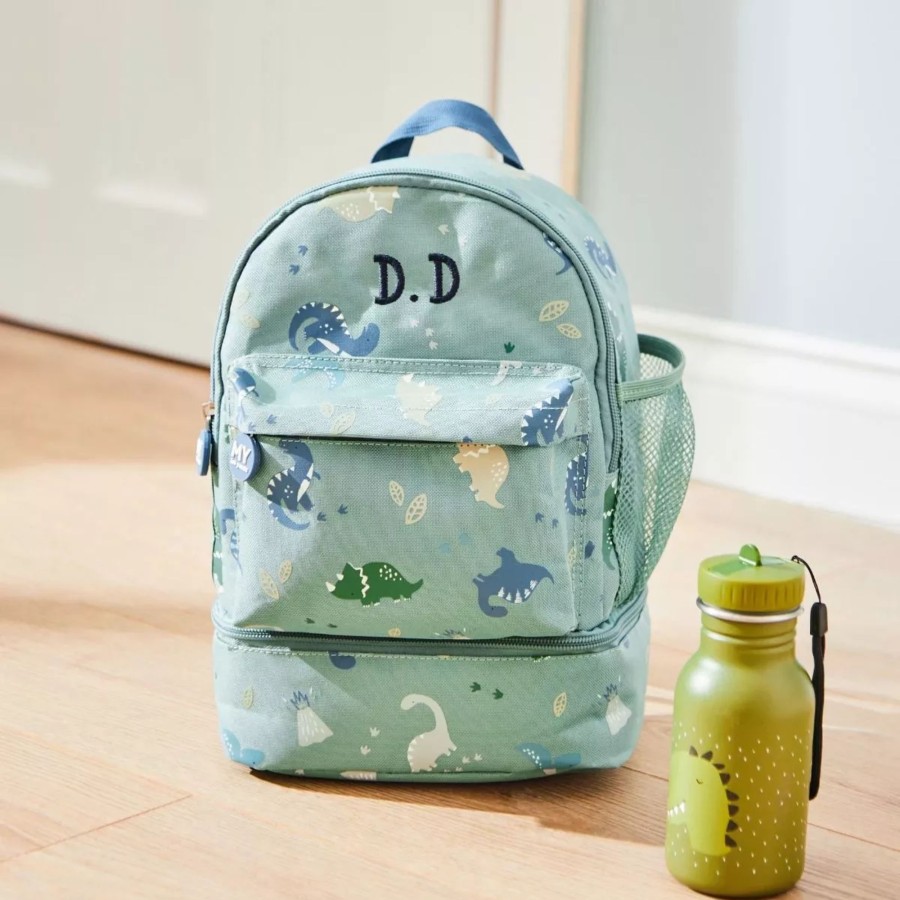 Kids (2-7Yrs) My 1st Years Kids Lunchbags | Personalised Green Dinosaur Print Mini Backpack With Compartment