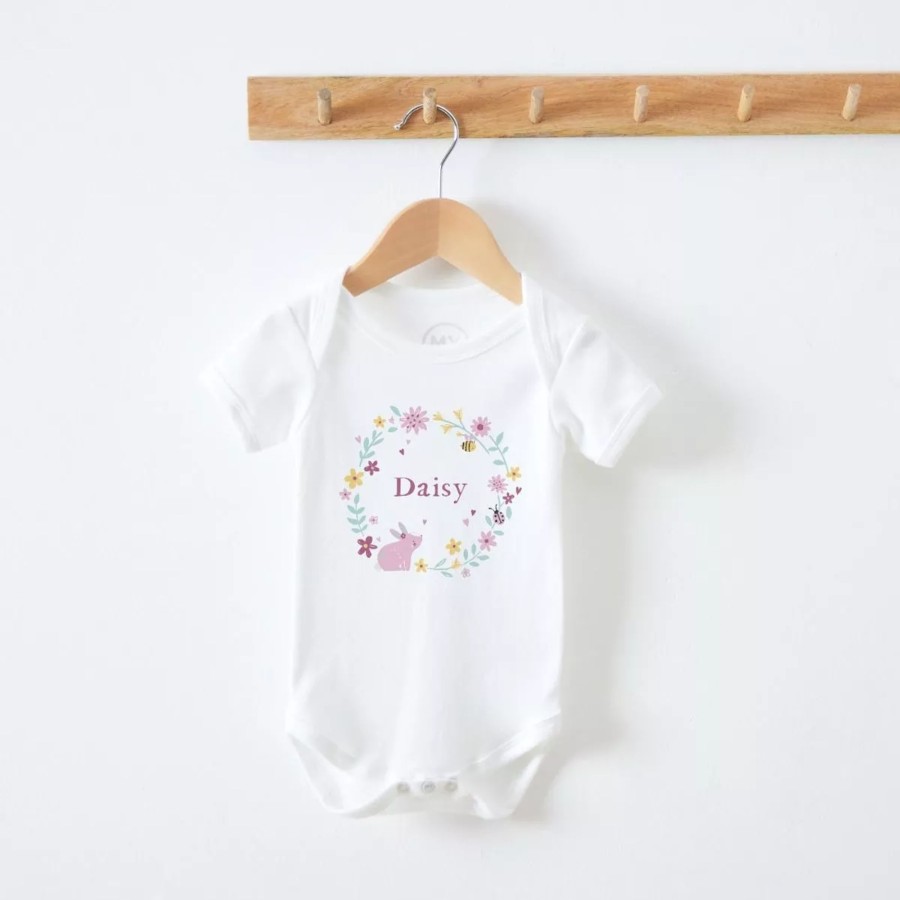 Baby (0-24 Mos) My 1st Years Baby Bodysuits & Vests | Personalised White Woodland Animals Wreath Bodysuit