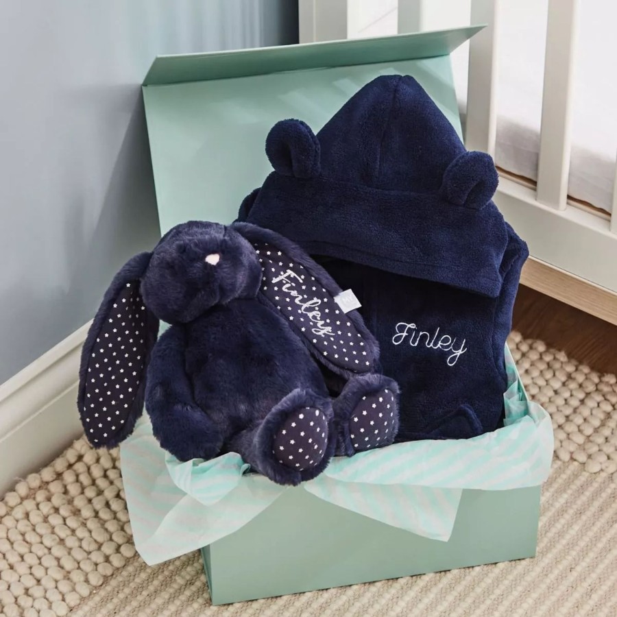 Baby (0-24 Mos) My 1st Years Baby Dressing Gowns | Personalised Navy Robe & Bunny Goodnight Gift Set