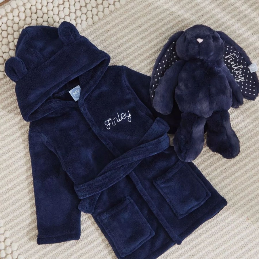 Baby (0-24 Mos) My 1st Years Baby Dressing Gowns | Personalised Navy Robe & Bunny Goodnight Gift Set