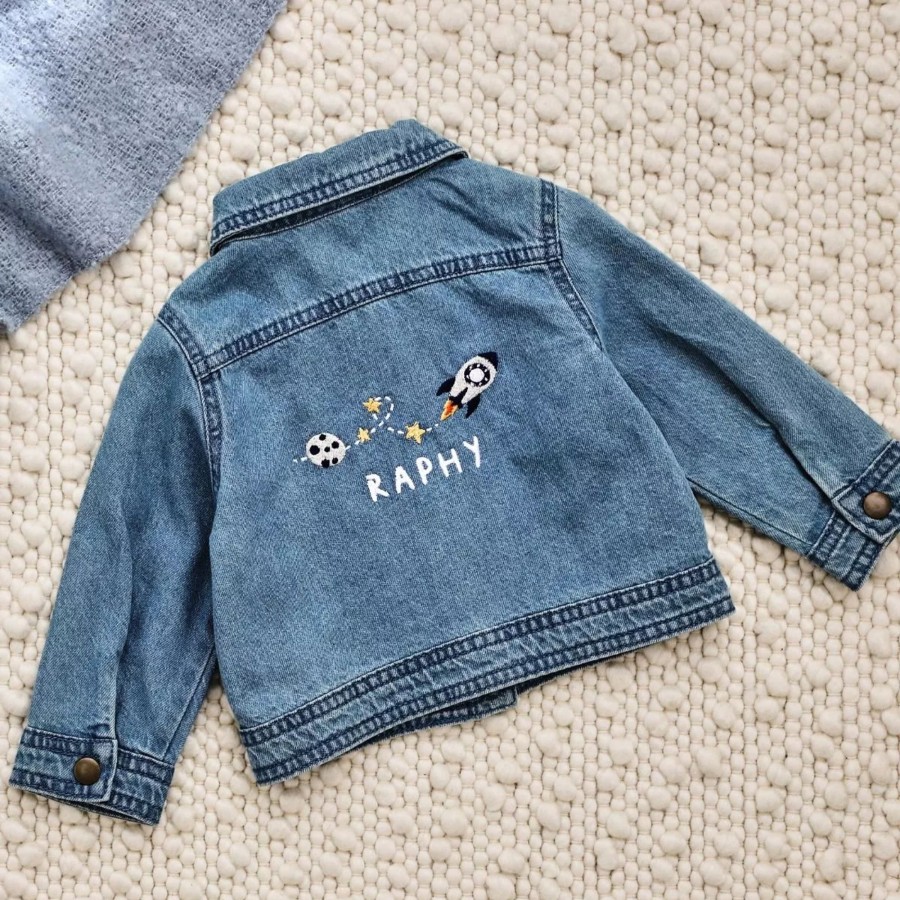 Kids (2-7Yrs) My 1st Years Kids Outfits | Personalised Moon & Rocket Denim Jacket