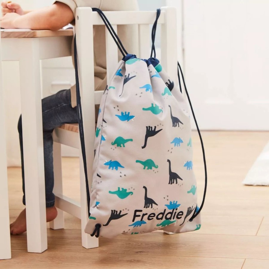 Kids (2-7Yrs) My 1st Years Kids Backpacks | Personalised Grey Dinosaur Print Drawstring Bag