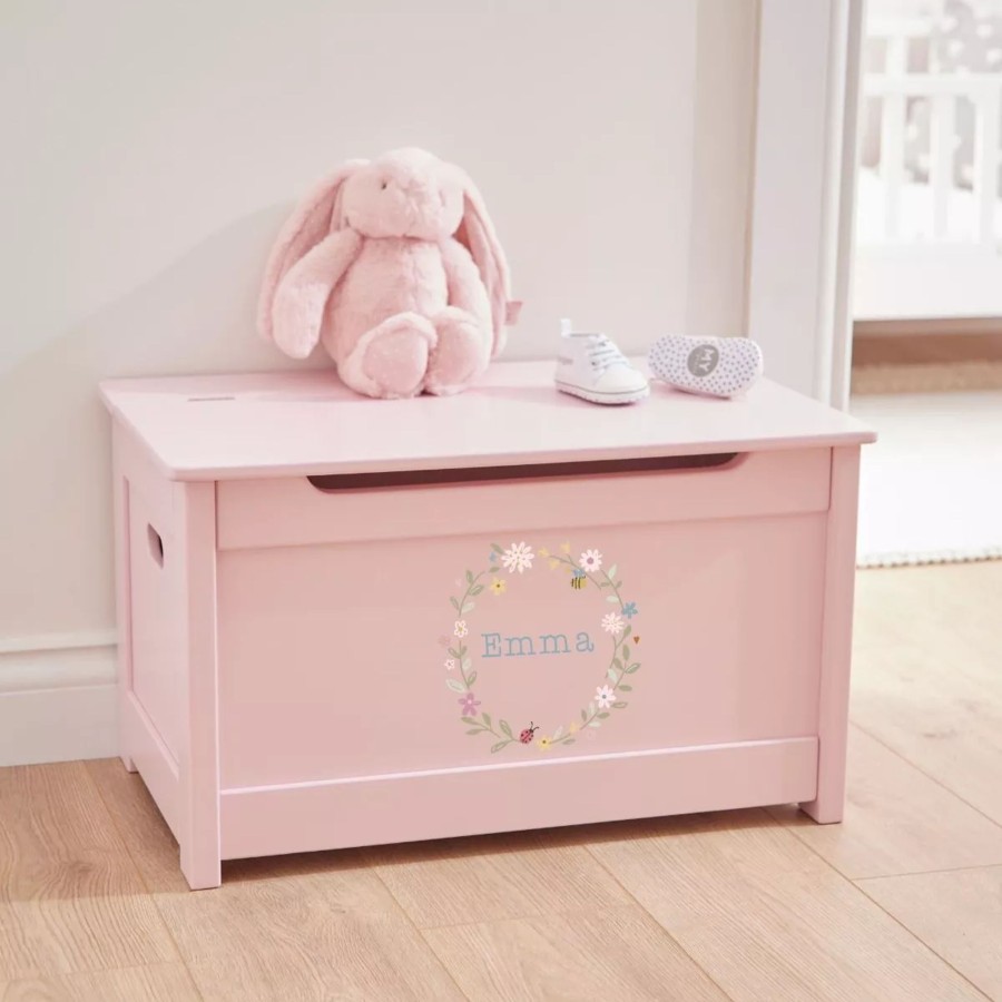 Furniture My 1st Years Toy Chests & Benches | Personalised Pink Floral Wreath Design Panelled Toy Box