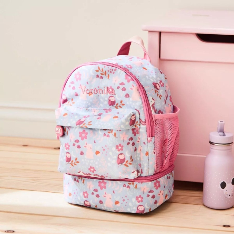 Kids (2-7Yrs) My 1st Years Kids Lunchbags | Personalised Pink And Blue Forest Mini Backpack With Compartment