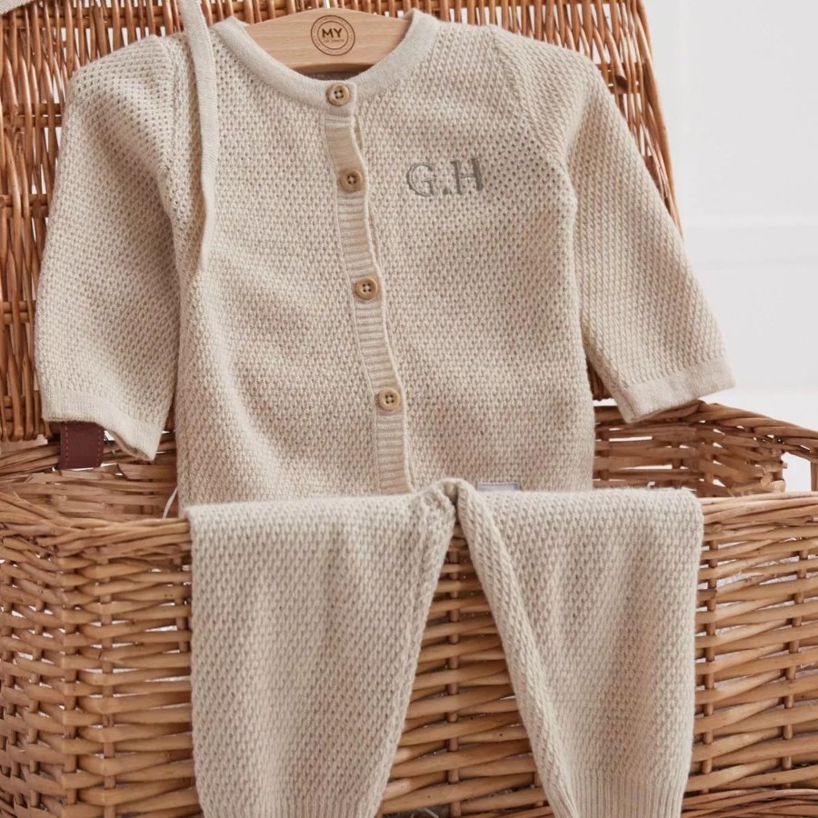 Baby (0-24 Mos) My 1st Years Baby Outfits | Personalised Oatmeal Heritage Cashmere Blend Outfit Set (3 Piece)