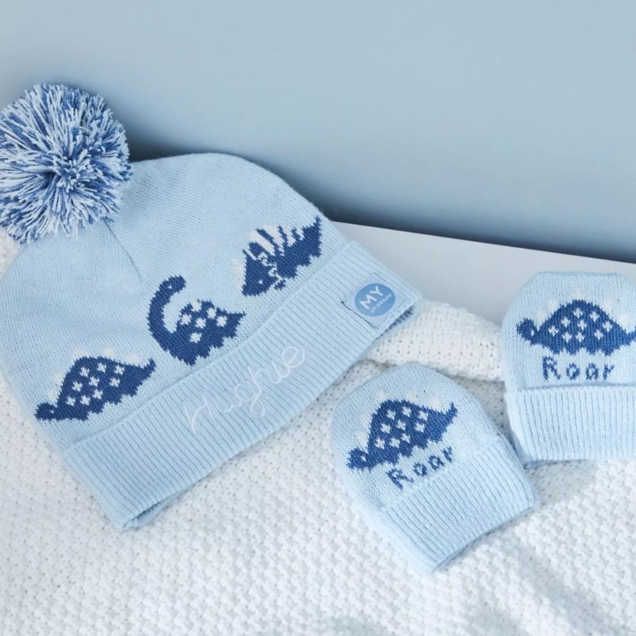 Kids (2-7Yrs) My 1st Years Kids Hats & Gloves | Personalised Blue Dinosaur Knitted Hat Mittens Set