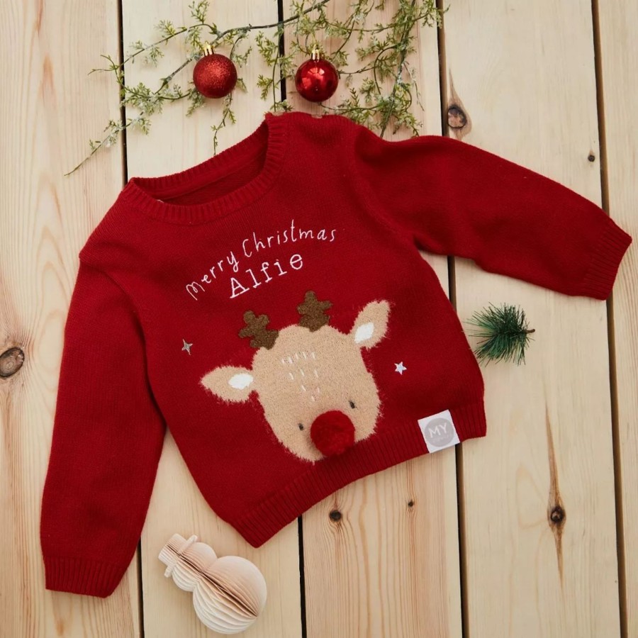 Kids (2-7Yrs) My 1st Years Kids Outfits | Personalised Red Reindeer Christmas Jumper