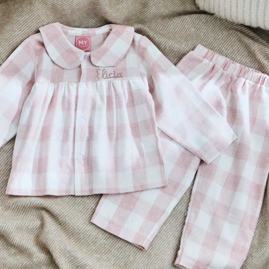 Kids (2-7Yrs) My 1st Years Kids Pyjamas | Personalised Traditional Pink Checkered Pyjama Set