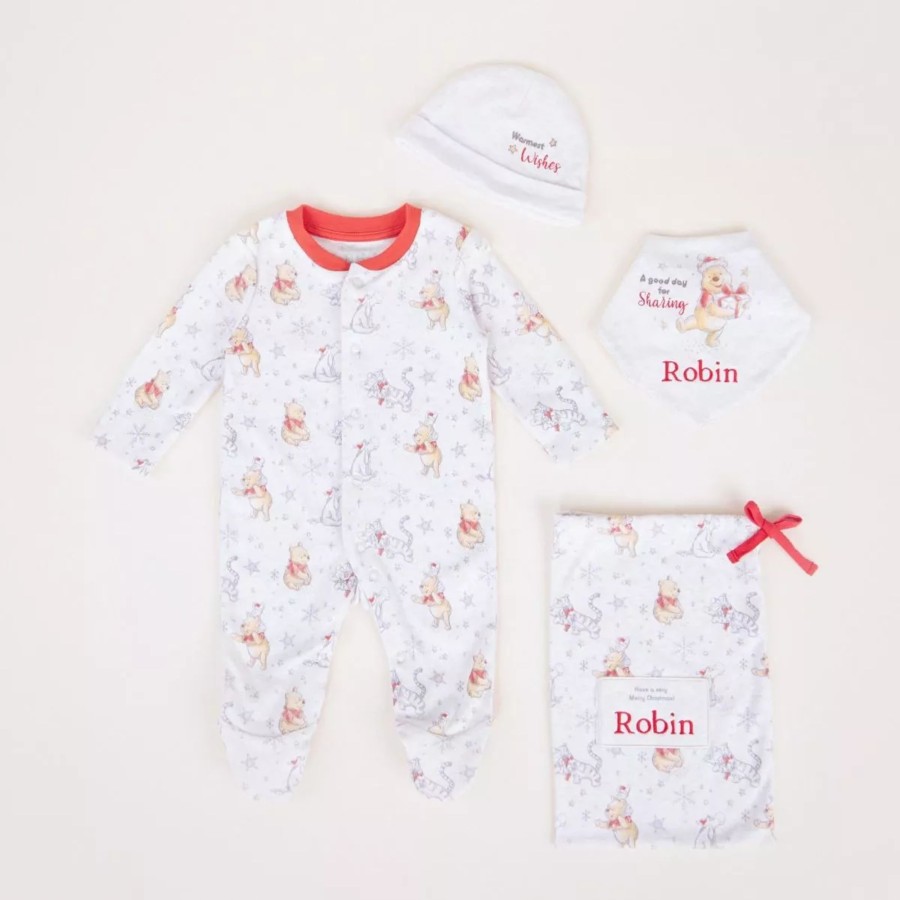 Gifts Disney Clothing Gift Sets | Personalised Winnie The Pooh Christmas Baby Outfit Set (4 Piece)