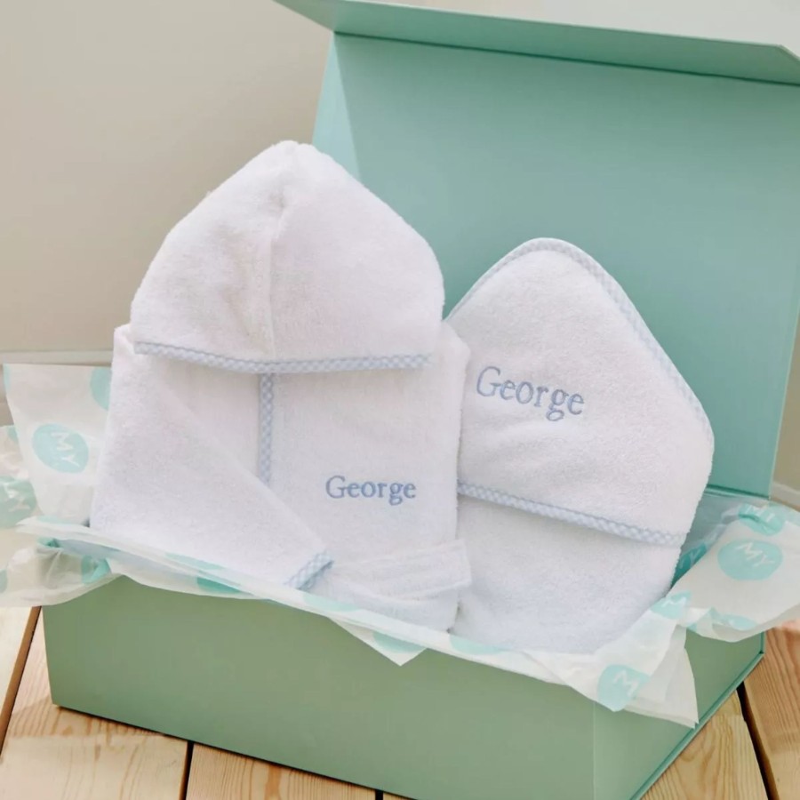 Gifts My 1st Years Bathtime Gift Sets | Personalised Blue Gingham Trim Splash And Snuggle Gift Set