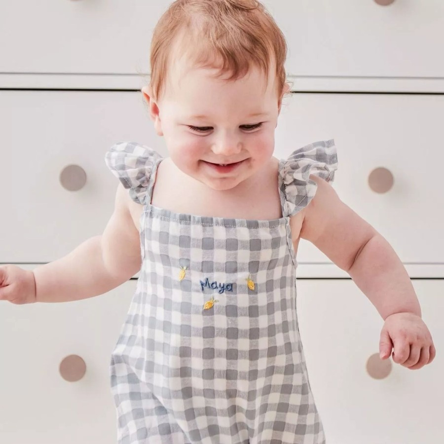 Baby (0-24 Mos) My 1st Years Baby Outfits | Personalised Grey And White Plaid Romper By Vignette