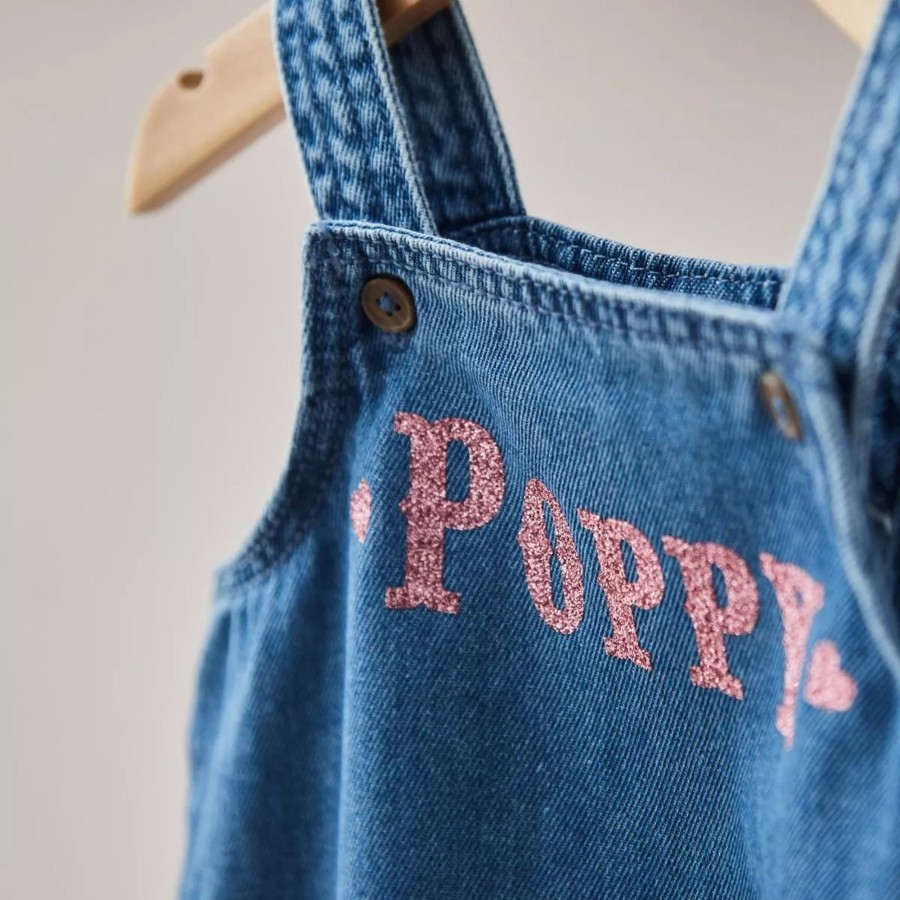 Kids (2-7Yrs) My 1st Years Kids Outfits | Personalised Pink Glitter Short Legged Denim Dungarees