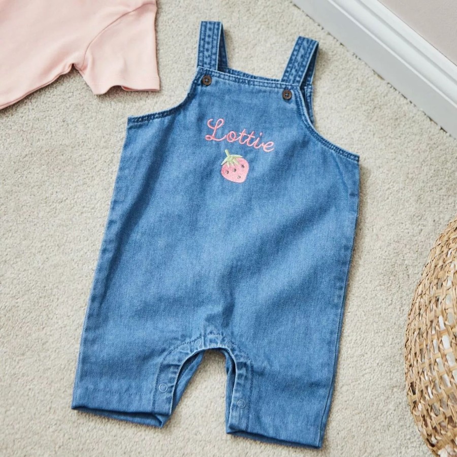 Kids (2-7Yrs) My 1st Years Kids Outfits | Personalised Strawberry Design Short Legged Denim Dungarees