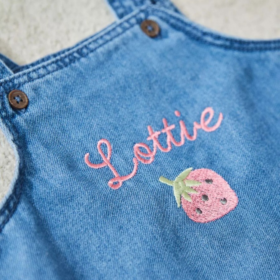 Kids (2-7Yrs) My 1st Years Kids Outfits | Personalised Strawberry Design Short Legged Denim Dungarees