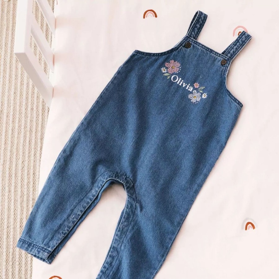 Kids (2-7Yrs) My 1st Years Kids Outfits | Personalised Floral Design Denim Dungarees