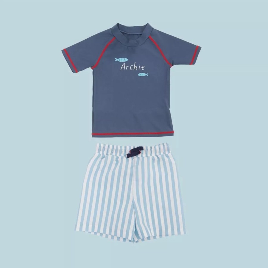 Kids (2-7Yrs) My 1st Years Kids Swim & Beach | Personalised Blue Fish Rash Vest And Swim Shorts Set