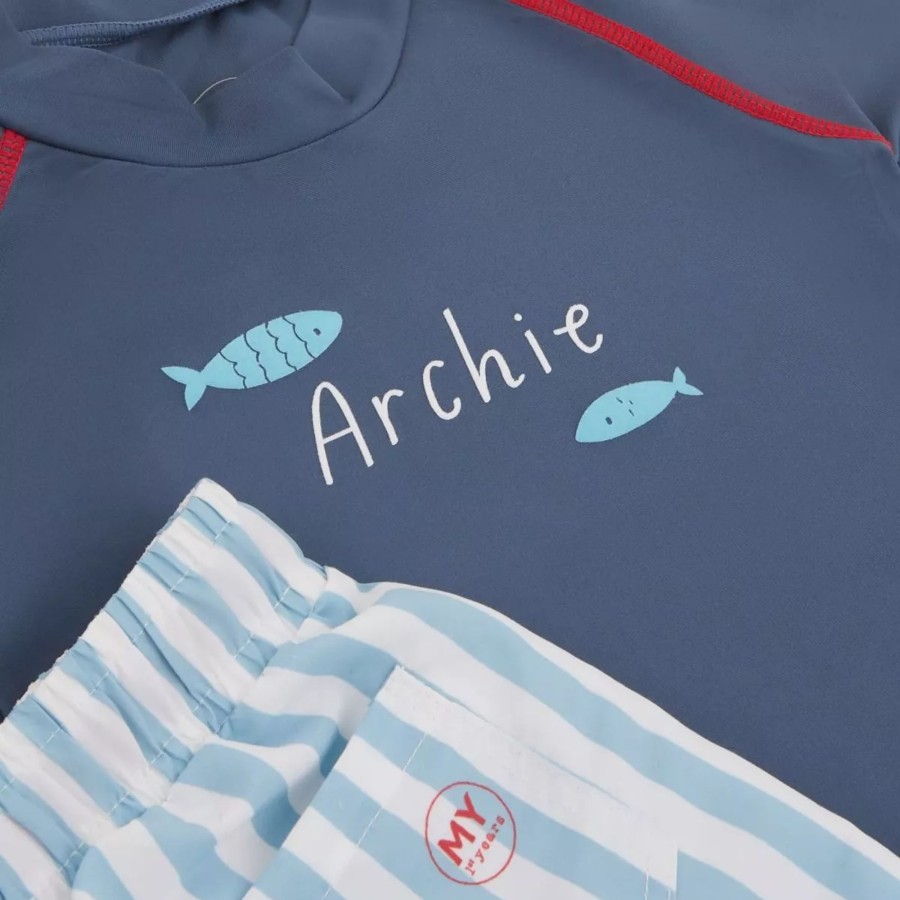 Kids (2-7Yrs) My 1st Years Kids Swim & Beach | Personalised Blue Fish Rash Vest And Swim Shorts Set