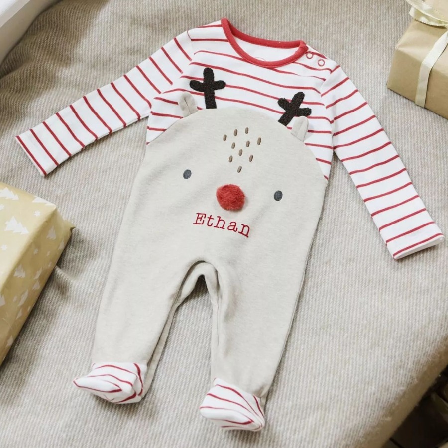 Baby (0-24 Mos) My 1st Years Baby Sleepsuits & Pyjamas | Personalised Red Reindeer Christmas Sleepsuit