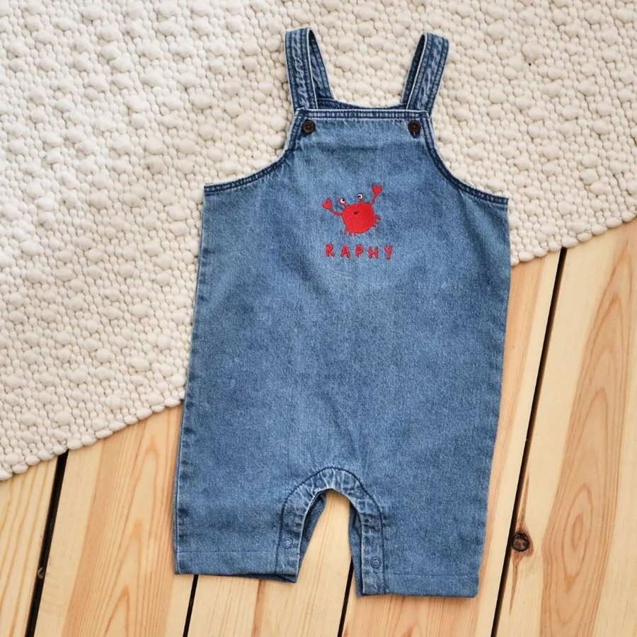 Kids (2-7Yrs) My 1st Years Kids Outfits | Personalised Crab Short-Legged Denim Dungarees