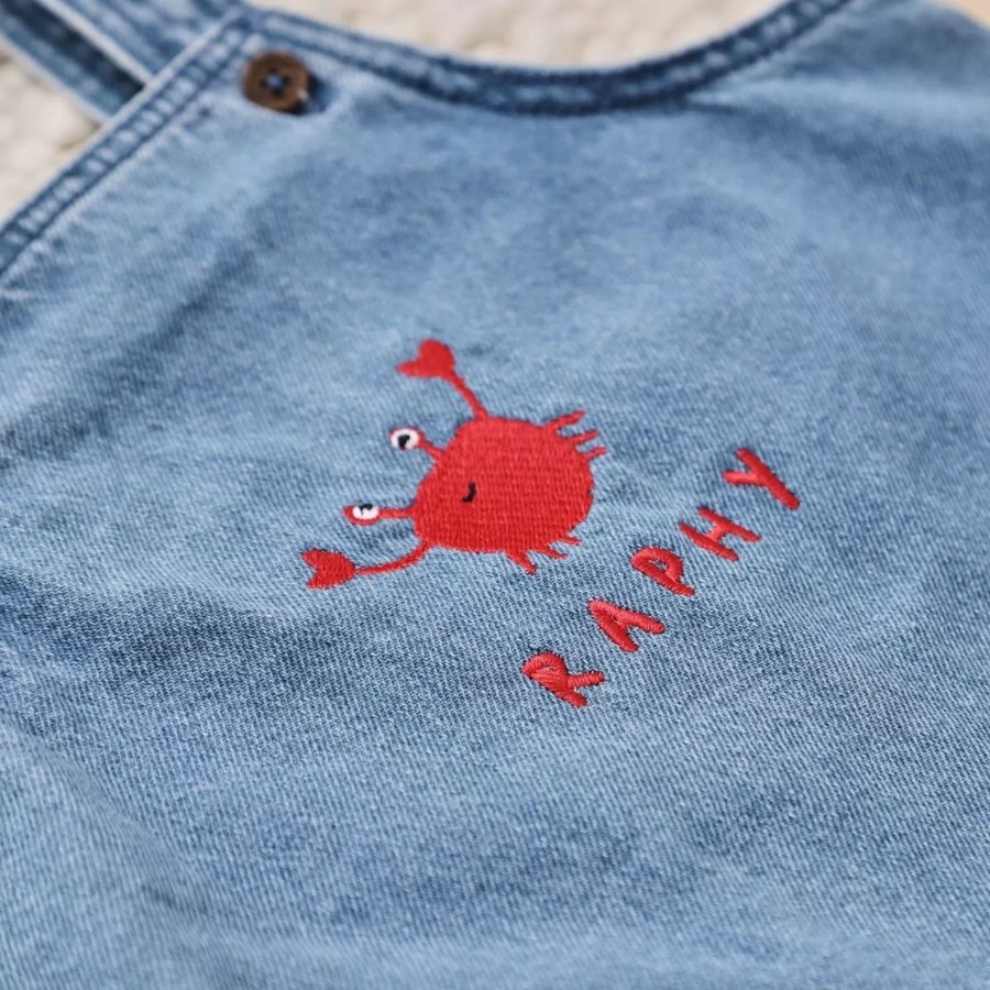 Kids (2-7Yrs) My 1st Years Kids Outfits | Personalised Crab Short-Legged Denim Dungarees