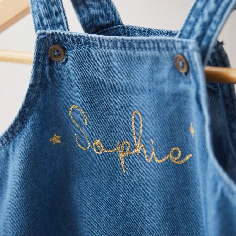 Kids (2-7Yrs) My 1st Years Kids Outfits | Personalised Gold Glitter Short Legged Denim Dungarees