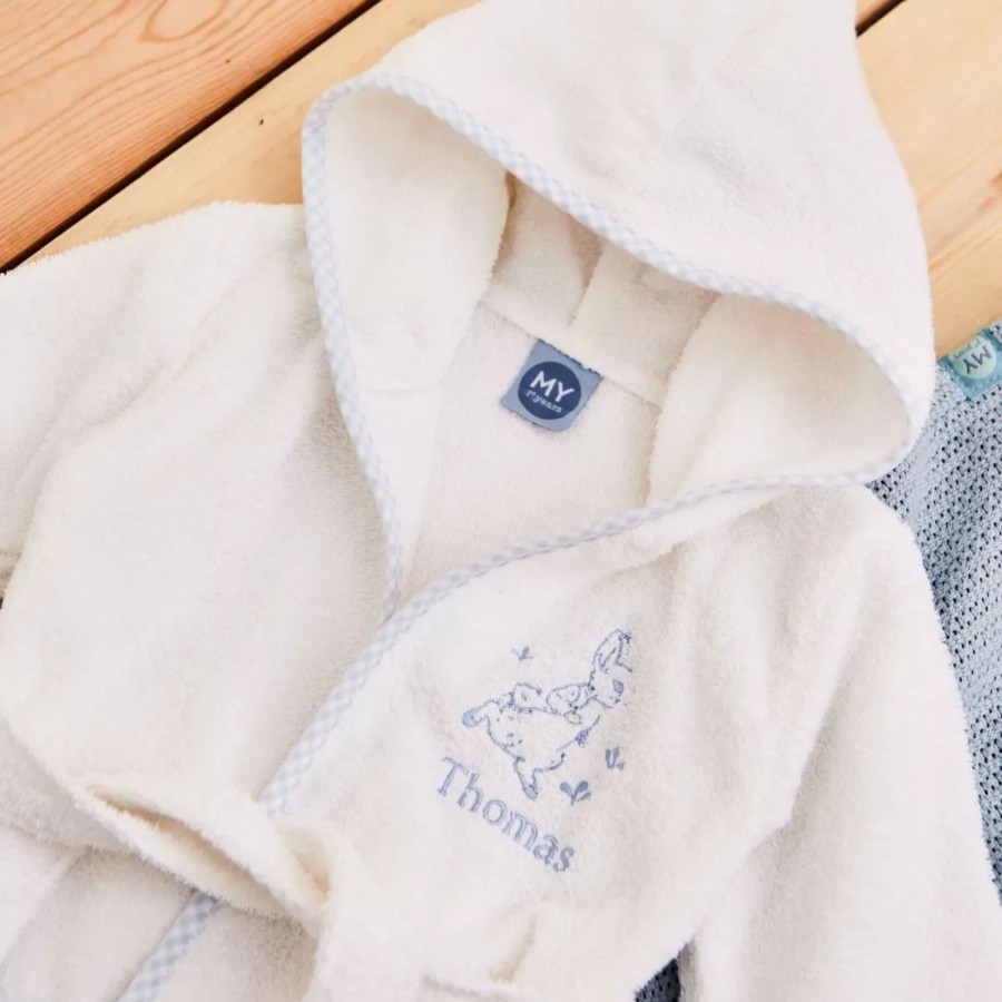 Kids (2-7Yrs) Peter Rabbit Kids Towels | Personalised Blue Gingham Trim Peter Rabbit Towelling Robe