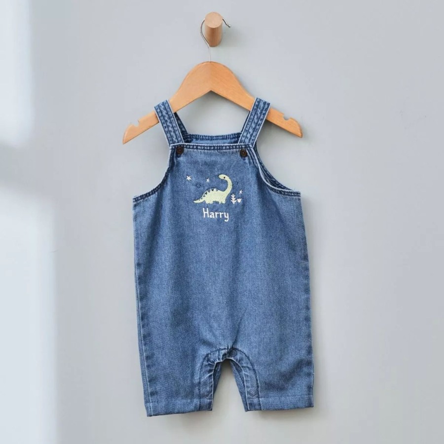 Kids (2-7Yrs) My 1st Years Kids Outfits | Personalised Dinosaur Design Short Legged Denim Dungarees