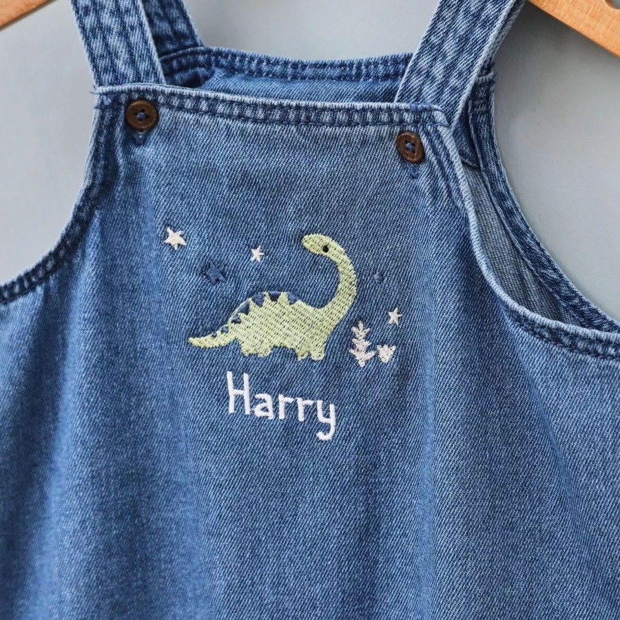 Kids (2-7Yrs) My 1st Years Kids Outfits | Personalised Dinosaur Design Short Legged Denim Dungarees